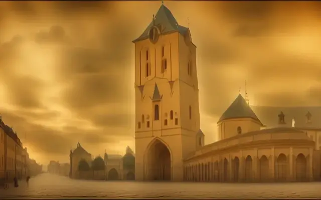 Generated view of Prague's Old Town Hall in warm light